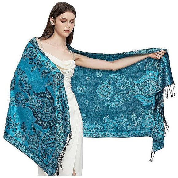 Pashmina Shawl Wrap with Ethnic Paisley-blue